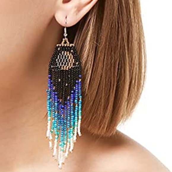 Moon Eclipse Crescent Long 5" Night Earrings Handmade Beaded Oversized - Picture 4 of 9